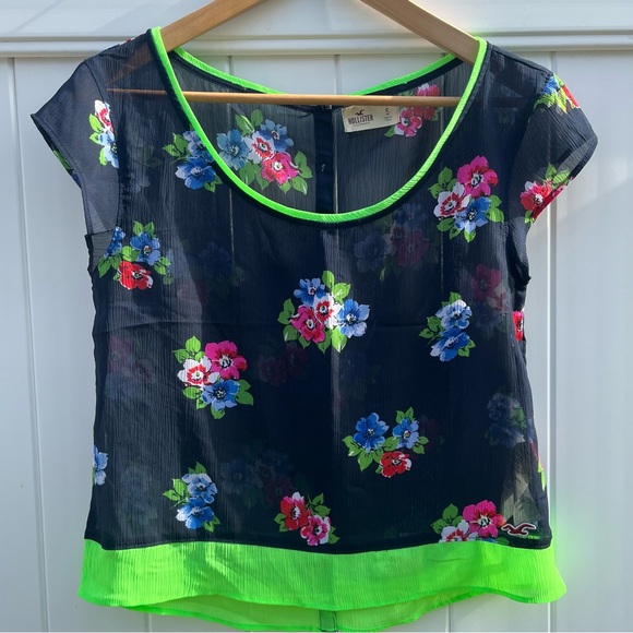 Hollister Tops - Hollister Sheer Floral Boxy Blouse Size Small Neon Contrast Trim Cottagecore